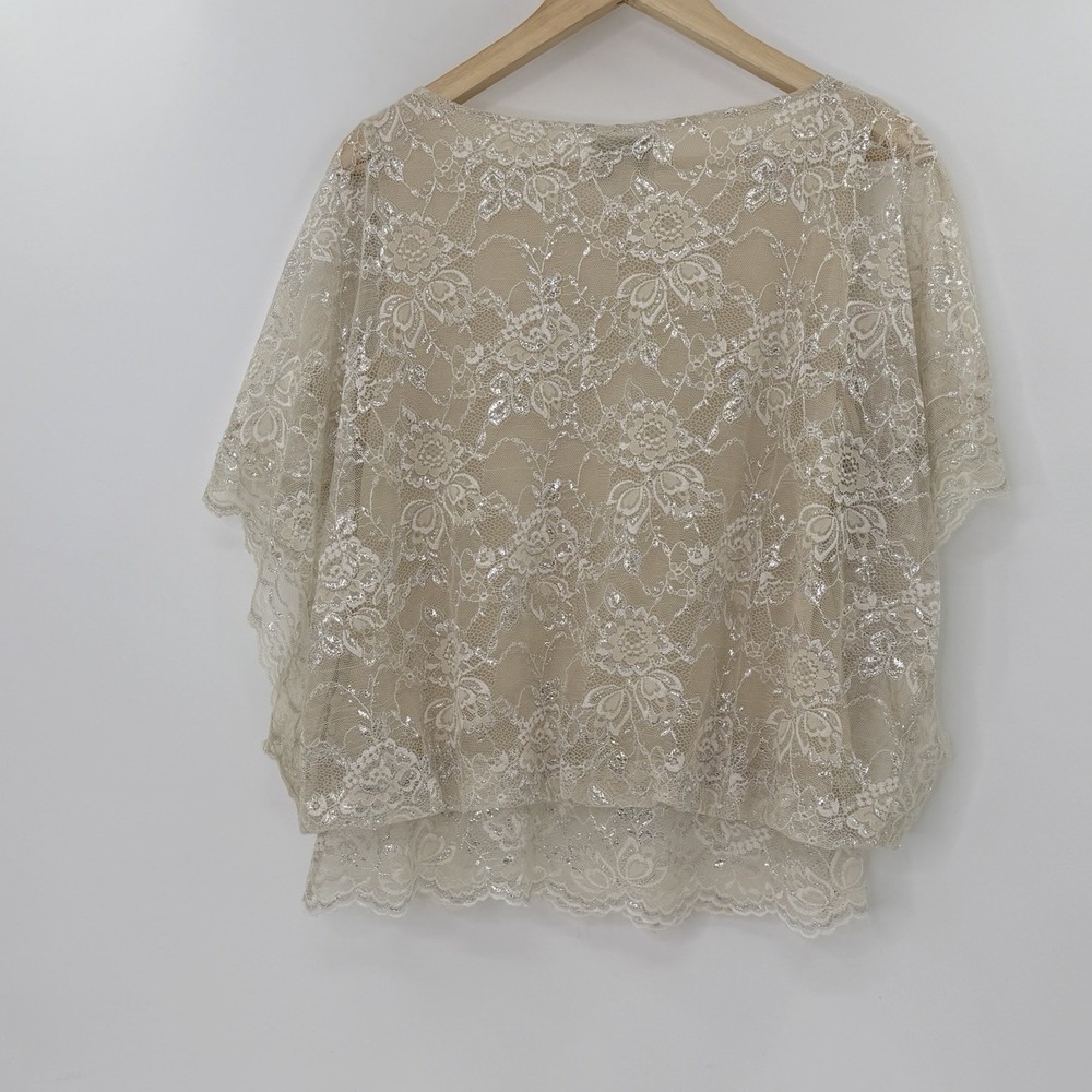 Eci Lace Ivory Beige Blouson Sheer 100% Nylon Blend Lined Blouse Sz L Event - Picture 2 of 9
